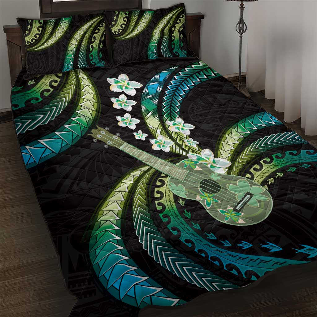 Hawaiian Ukulele Quilt Bed Set Chartreuse Cyan Fantastic Plumeria LT01 Cyan - Polynesian Pride