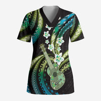 Hawaiian Ukulele Scrub Top Chartreuse Cyan Fantastic Plumeria LT01 Adult Cyan - Polynesian Pride