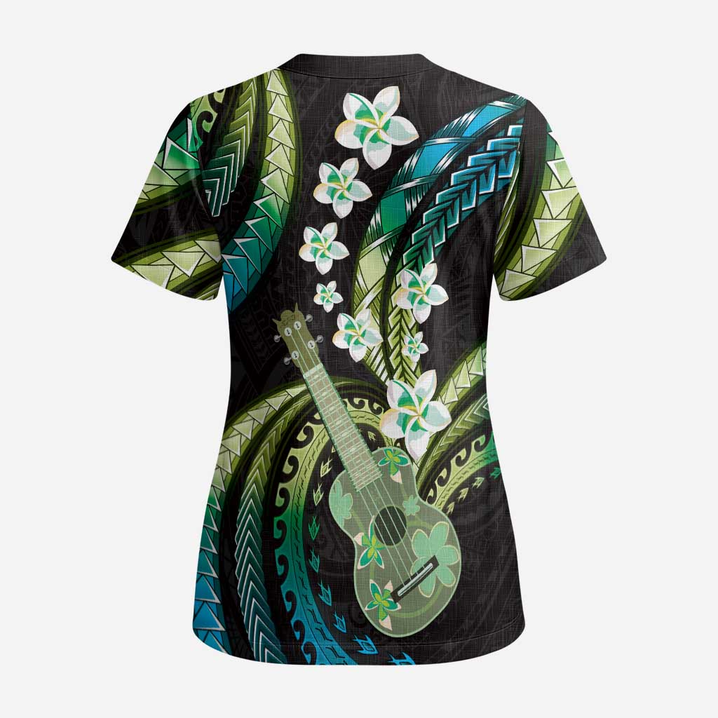 Hawaiian Ukulele Scrub Top Chartreuse Cyan Fantastic Plumeria LT01 - Polynesian Pride