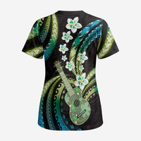 Hawaiian Ukulele Scrub Top Chartreuse Cyan Fantastic Plumeria LT01 - Polynesian Pride