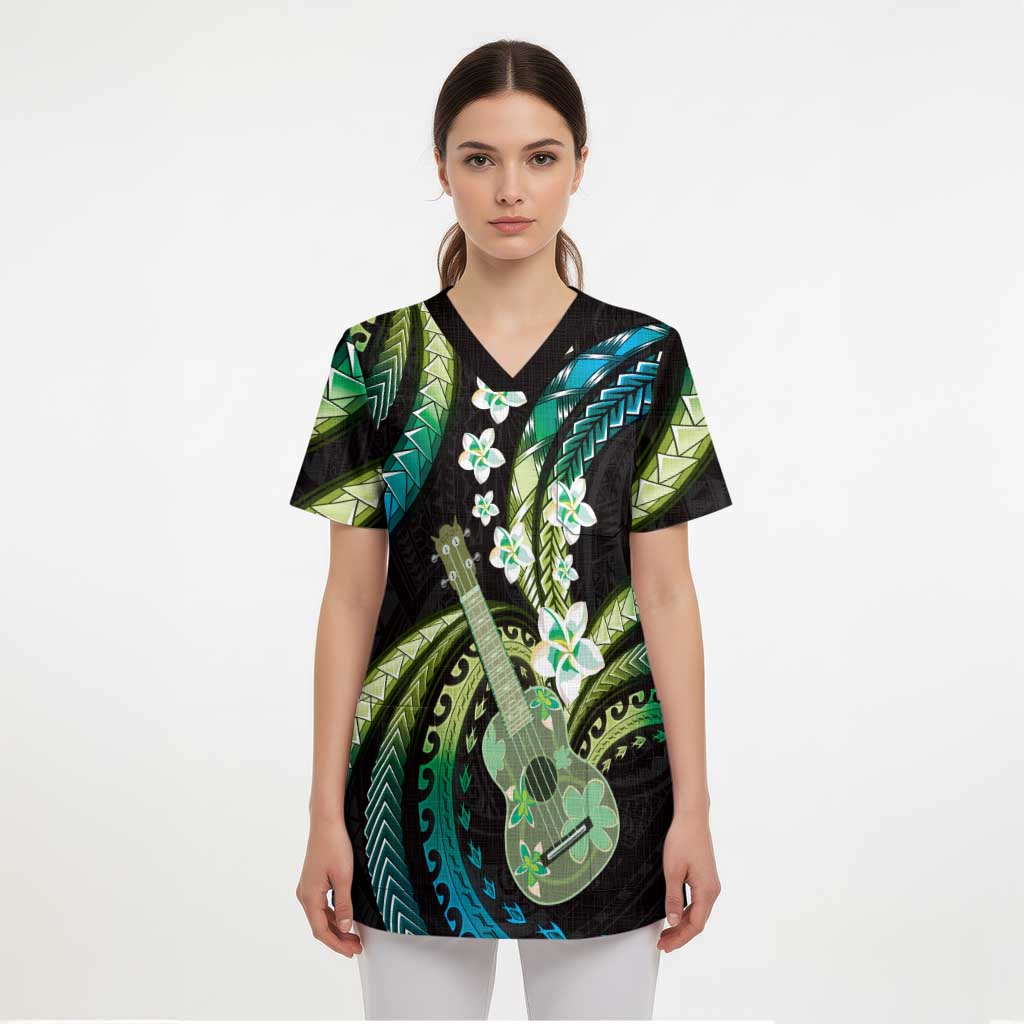 Hawaiian Ukulele Scrub Top Chartreuse Cyan Fantastic Plumeria LT01 - Polynesian Pride
