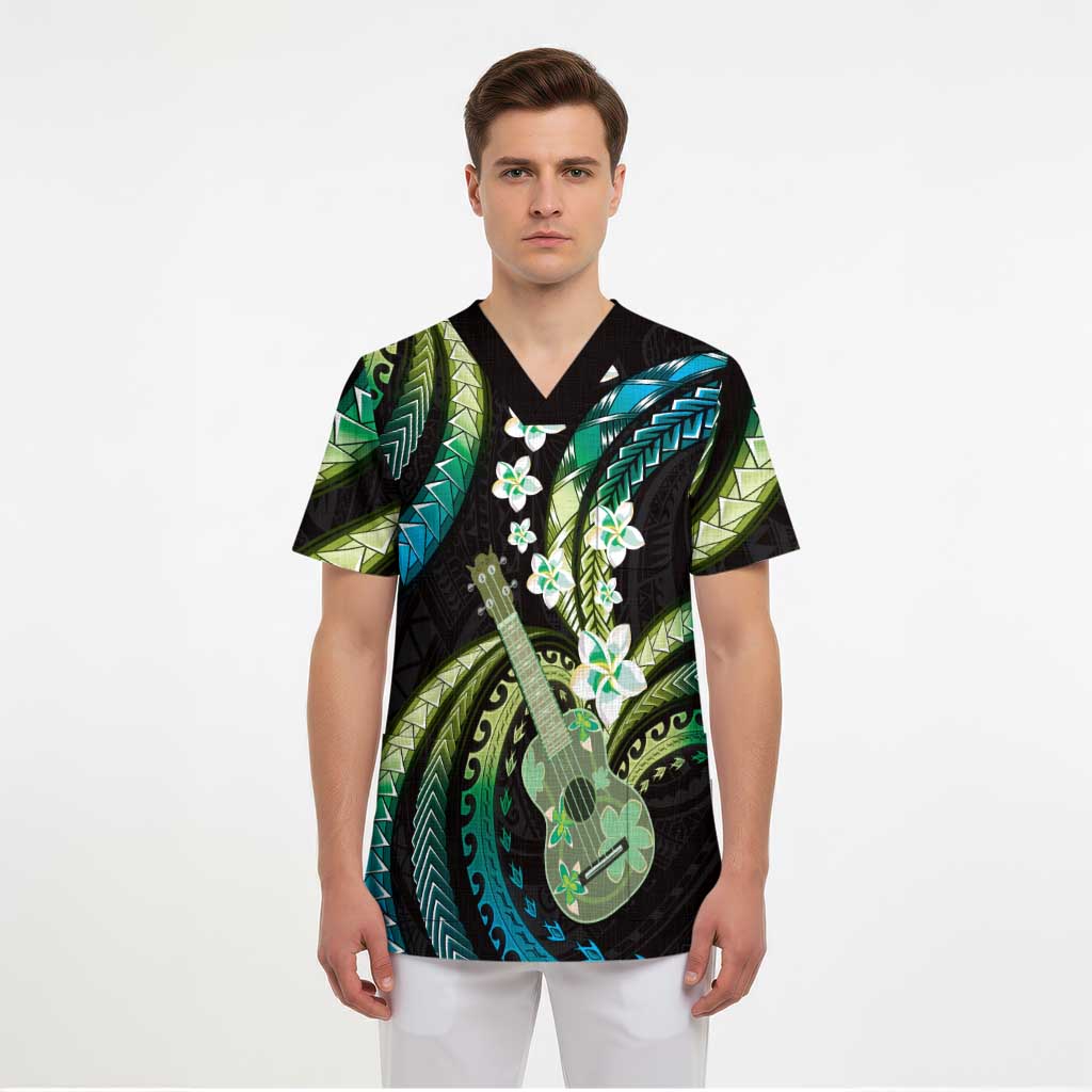 Hawaiian Ukulele Scrub Top Chartreuse Cyan Fantastic Plumeria LT01 - Polynesian Pride