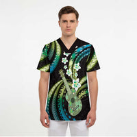Hawaiian Ukulele Scrub Top Chartreuse Cyan Fantastic Plumeria LT01 - Polynesian Pride