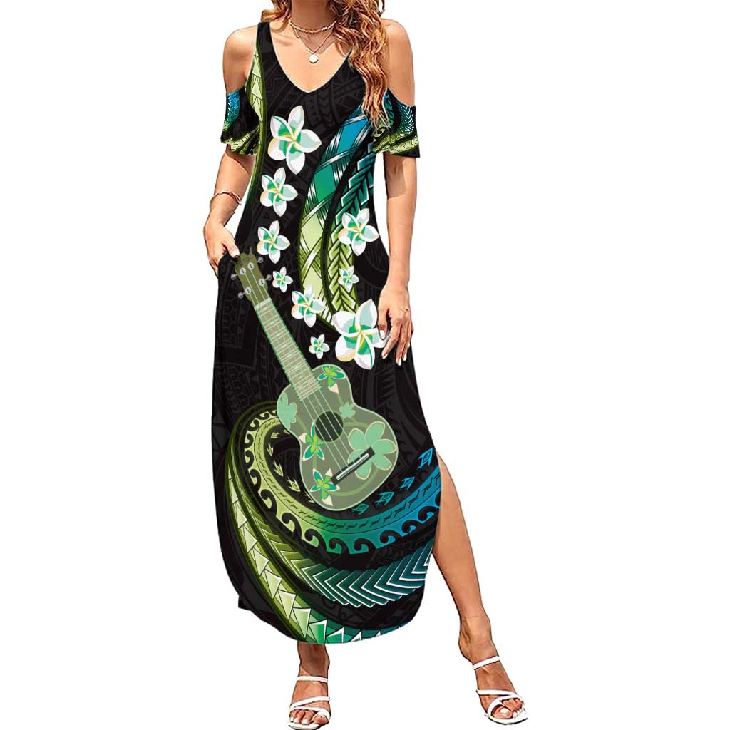Hawaiian Ukulele Summer Maxi Dress Chartreuse Cyan Fantastic Plumeria LT01 Women Cyan - Polynesian Pride