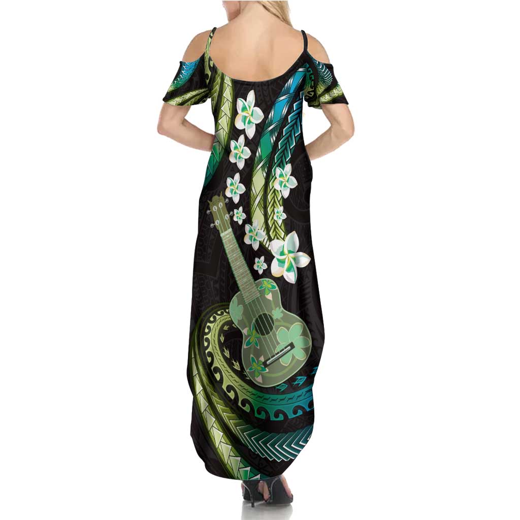 Hawaiian Ukulele Summer Maxi Dress Chartreuse Cyan Fantastic Plumeria LT01 - Polynesian Pride