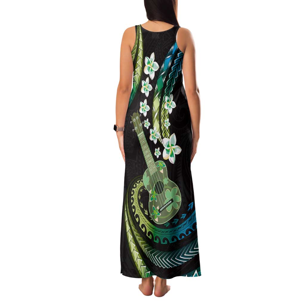 Hawaiian Ukulele Tank Maxi Dress Chartreuse Cyan Fantastic Plumeria LT01 - Polynesian Pride