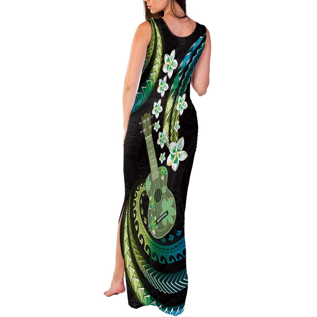 Hawaiian Ukulele Tank Maxi Dress Chartreuse Cyan Fantastic Plumeria LT01 - Polynesian Pride