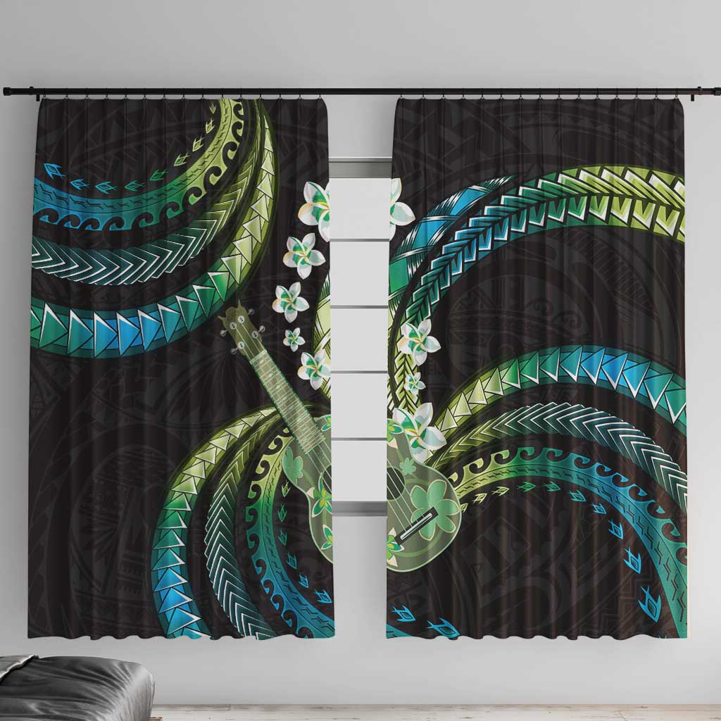 Hawaiian Ukulele Window Curtain Chartreuse Cyan Fantastic Plumeria LT01 With Hooks Cyan - Polynesian Pride