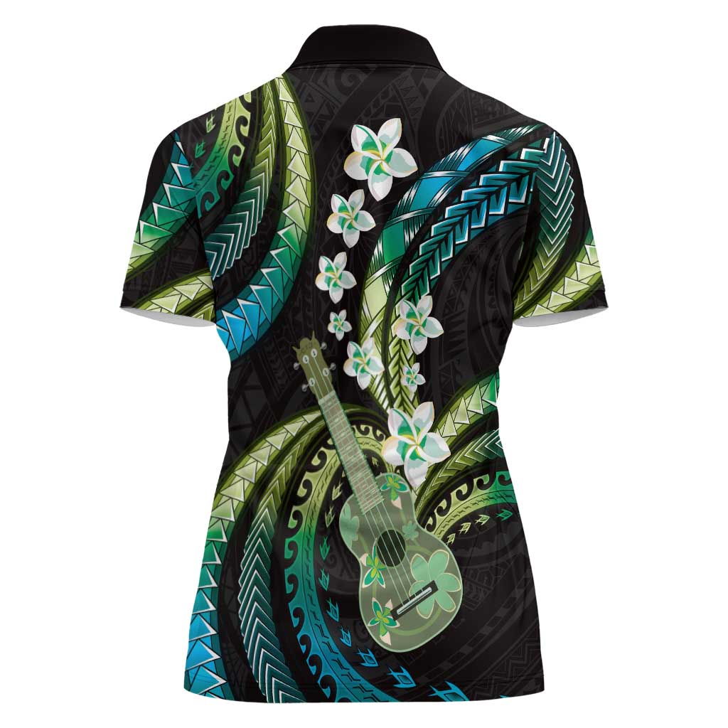 Hawaiian Ukulele Women Polo Shirt Chartreuse Cyan Fantastic Plumeria LT01 - Polynesian Pride