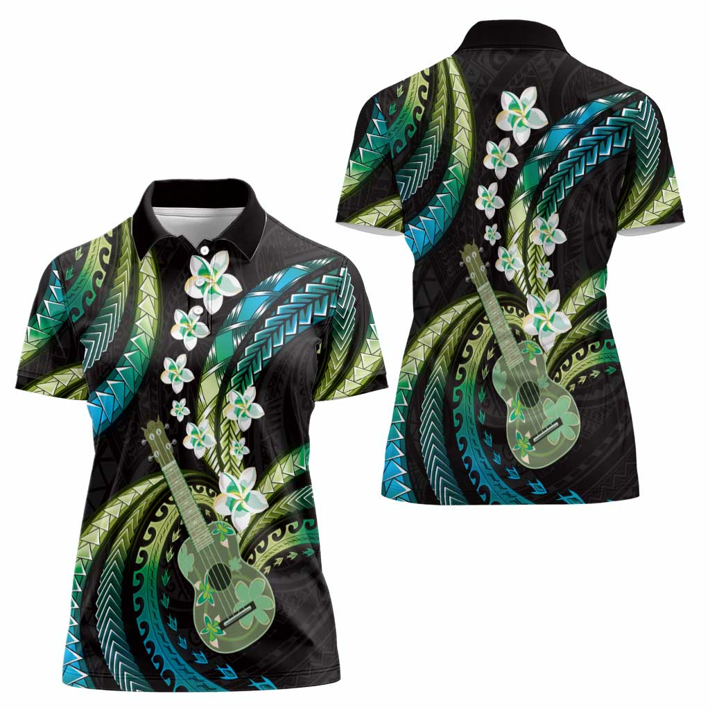 Hawaiian Ukulele Women Polo Shirt Chartreuse Cyan Fantastic Plumeria LT01 - Polynesian Pride