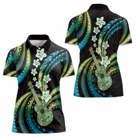 Hawaiian Ukulele Women Polo Shirt Chartreuse Cyan Fantastic Plumeria LT01 - Polynesian Pride
