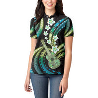 Hawaiian Ukulele Women Polo Shirt Chartreuse Cyan Fantastic Plumeria LT01 - Polynesian Pride