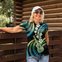 Hawaiian Ukulele Women Polo Shirt Chartreuse Cyan Fantastic Plumeria LT01 - Polynesian Pride