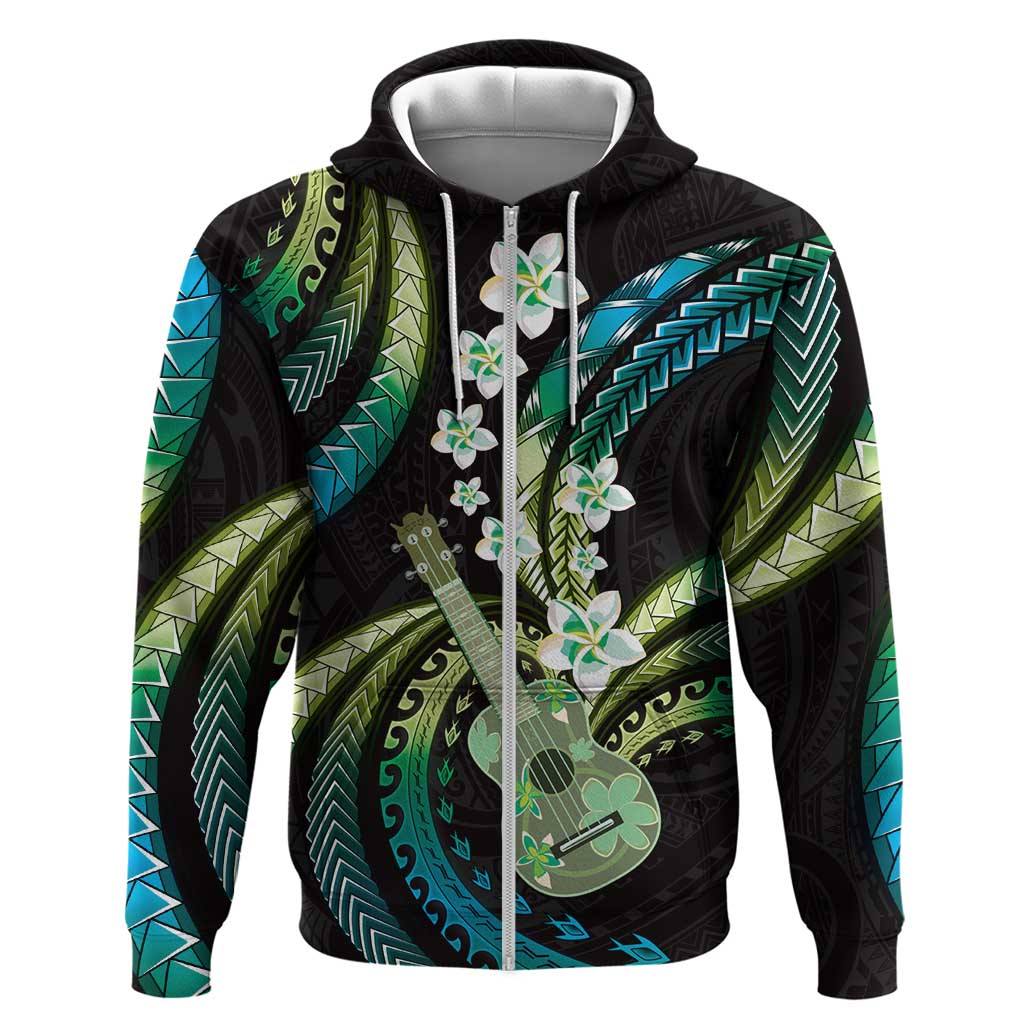 Hawaiian Ukulele Zip Hoodie Chartreuse Cyan Fantastic Plumeria LT01 Zip Hoodie Cyan - Polynesian Pride