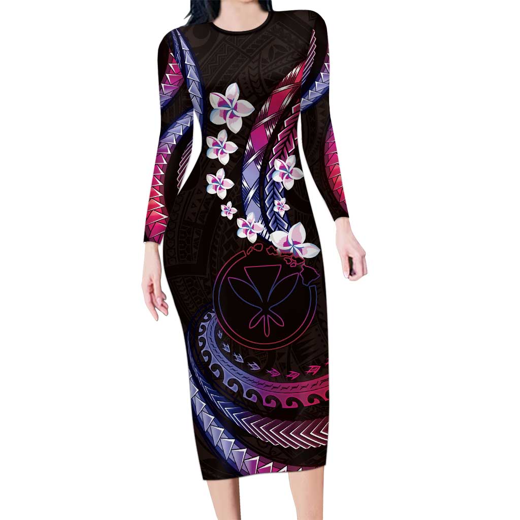Hawaii Map Kanaka Maoli Long Sleeve Bodycon Dress Fantastic Frangipani Sweet Dream LT01 Long Dress Pink - Polynesian Pride