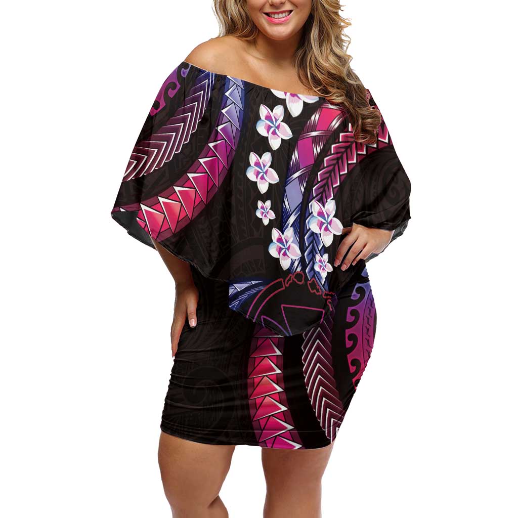 Hawaii Map Kanaka Maoli Off Shoulder Short Dress Fantastic Frangipani Sweet Dream LT01 Women Pink - Polynesian Pride