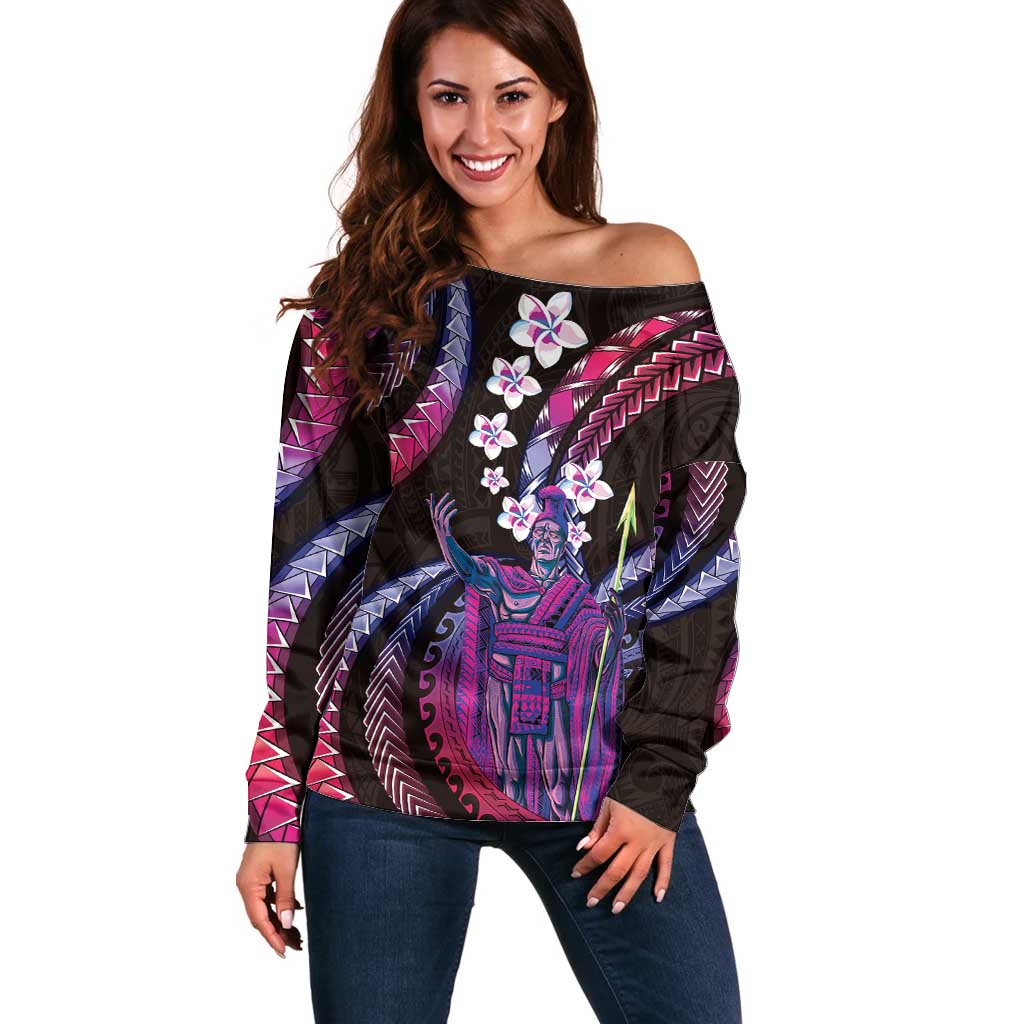 Hawaii King Kamehameha Off Shoulder Sweater Fantastic Plumeria Sweet Vibes LT01 Women Pink - Polynesian Pride