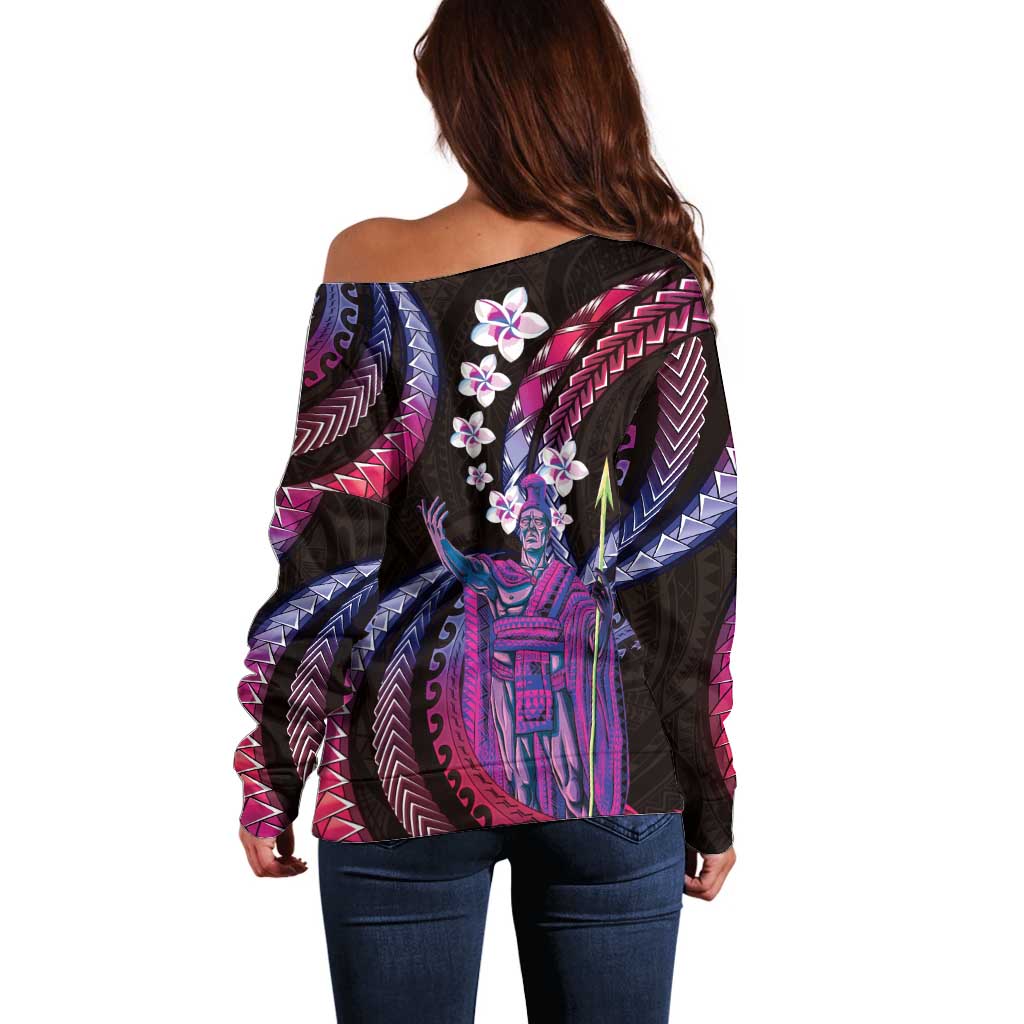Hawaii King Kamehameha Off Shoulder Sweater Fantastic Plumeria Sweet Vibes LT01 - Polynesian Pride