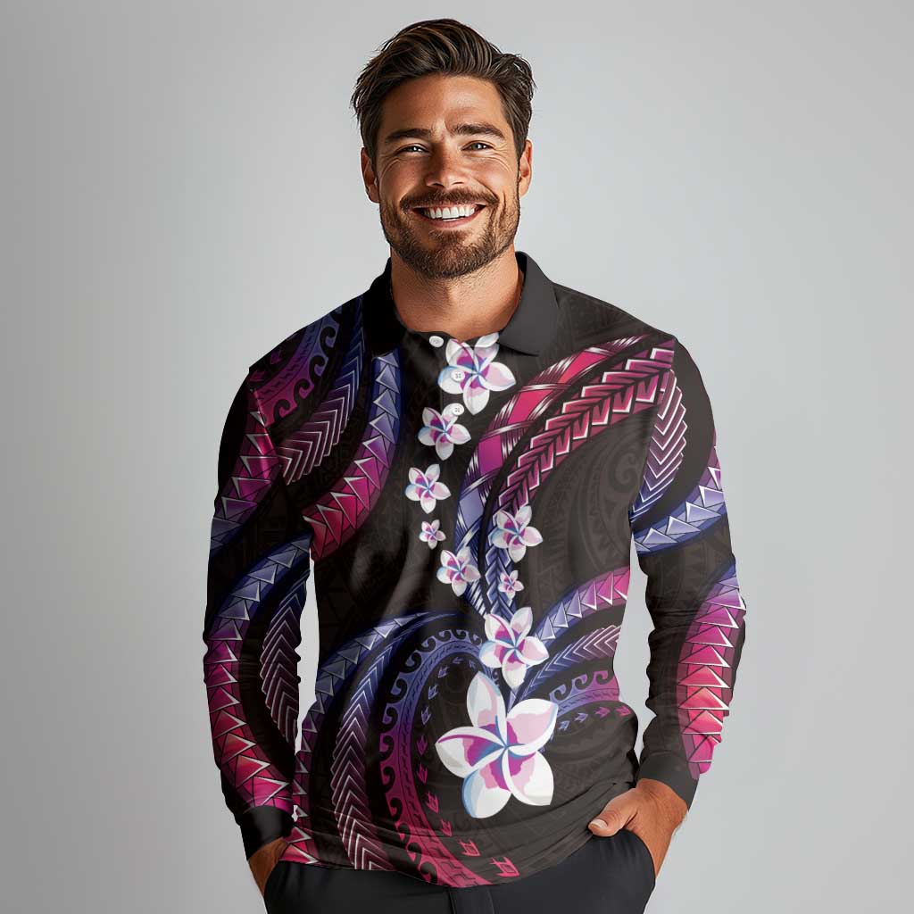 Hawaii Plumeria Long Sleeve Polo Shirt Sweet Gradient Polynesian Pattern LT01 - Polynesian Pride