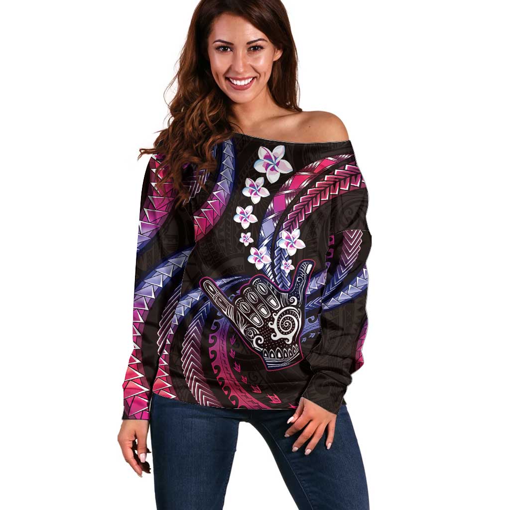Hawaii Shaka Sign Off Shoulder Sweater Fantastic Frangipani Sweet Vibes LT01 Women Pink - Polynesian Pride