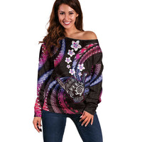 Hawaii Shaka Sign Off Shoulder Sweater Fantastic Frangipani Sweet Vibes LT01 Women Pink - Polynesian Pride