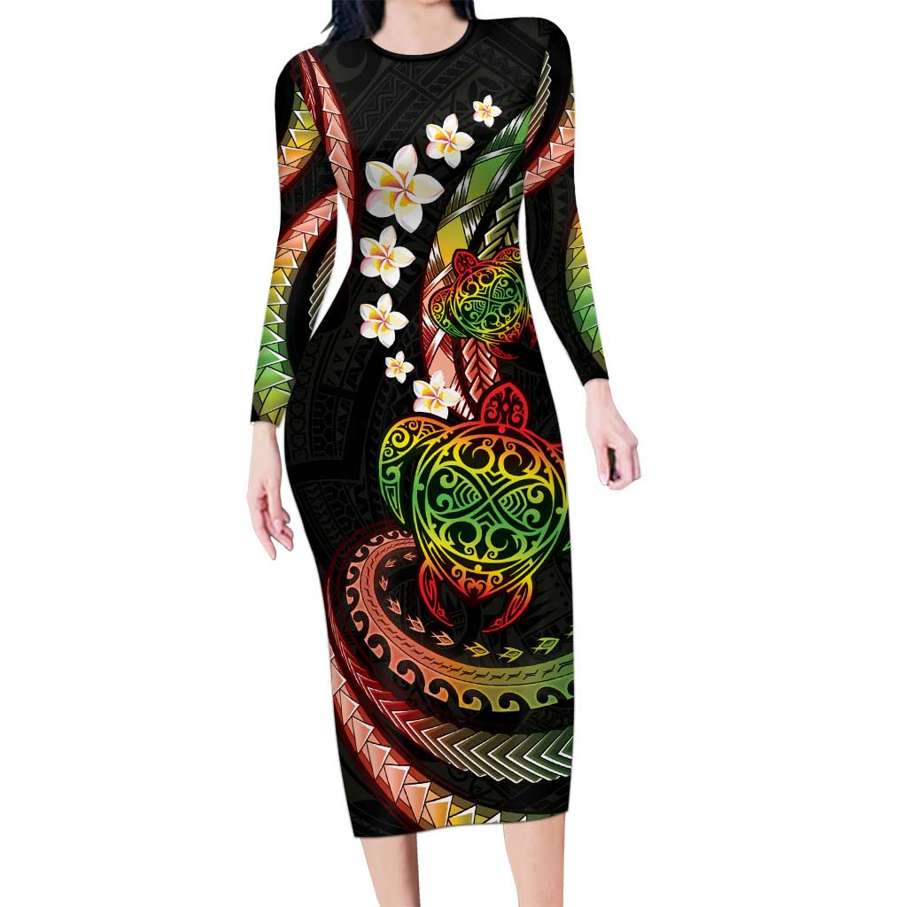 Hawaii Turtles Plumeria Long Sleeve Bodycon Dress Reggae Polynesian Pattern LT01 Long Dress Reggae - Polynesian Pride