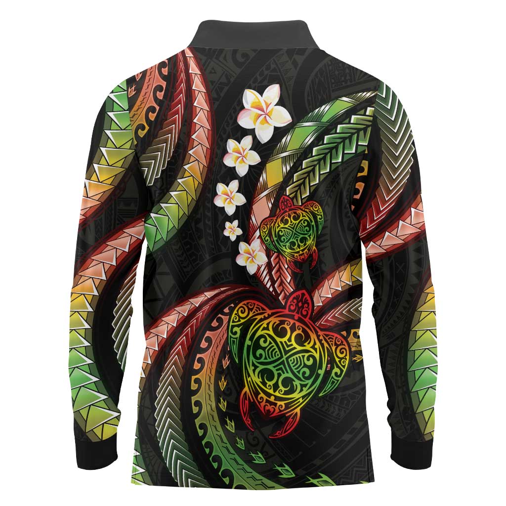 Hawaii Turtles Plumeria Long Sleeve Polo Shirt Reggae Polynesian Pattern LT01 - Polynesian Pride
