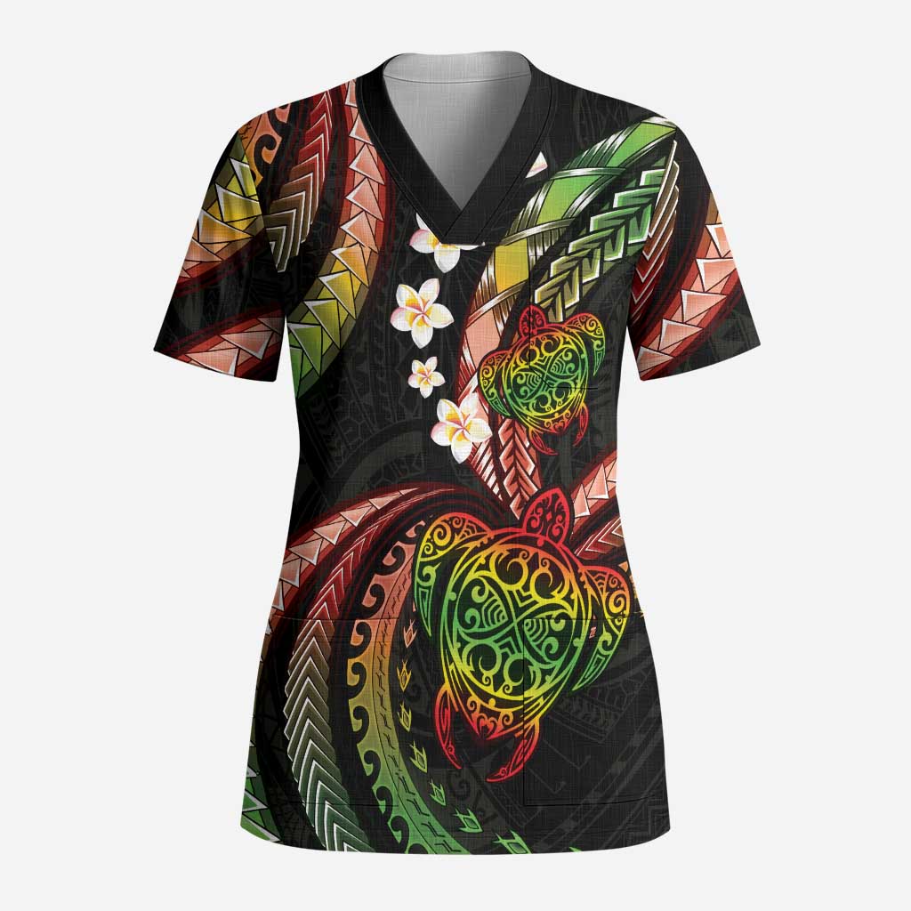 Hawaii Turtles Plumeria Scrub Top Reggae Polynesian Pattern LT01 Adult Reggae - Polynesian Pride