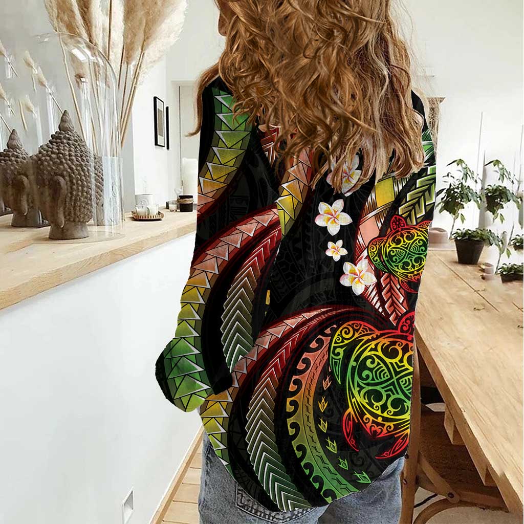 Hawaii Turtles Plumeria Women Casual Shirt Reggae Polynesian Pattern LT01 - Polynesian Pride