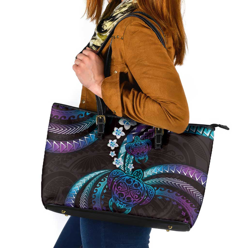 Hawaii Turtles Plumeria Leather Tote Bag Amethyst Gradient Polynesian Pattern LT01 Purple - Polynesian Pride