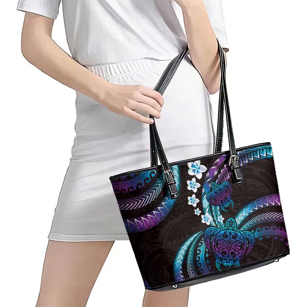 Hawaii Turtles Plumeria Leather Tote Bag Amethyst Gradient Polynesian Pattern LT01 - Polynesian Pride