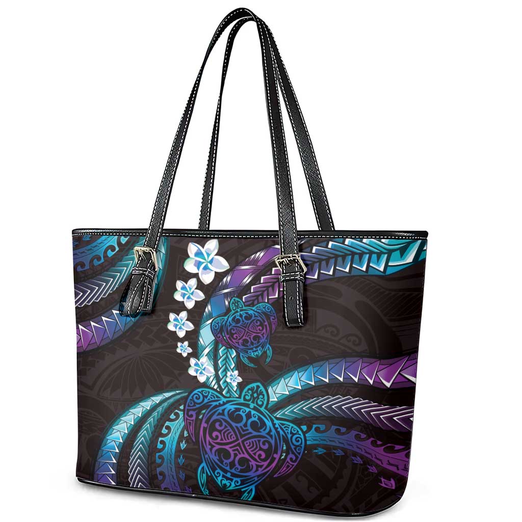 Hawaii Turtles Plumeria Leather Tote Bag Amethyst Gradient Polynesian Pattern LT01 - Polynesian Pride