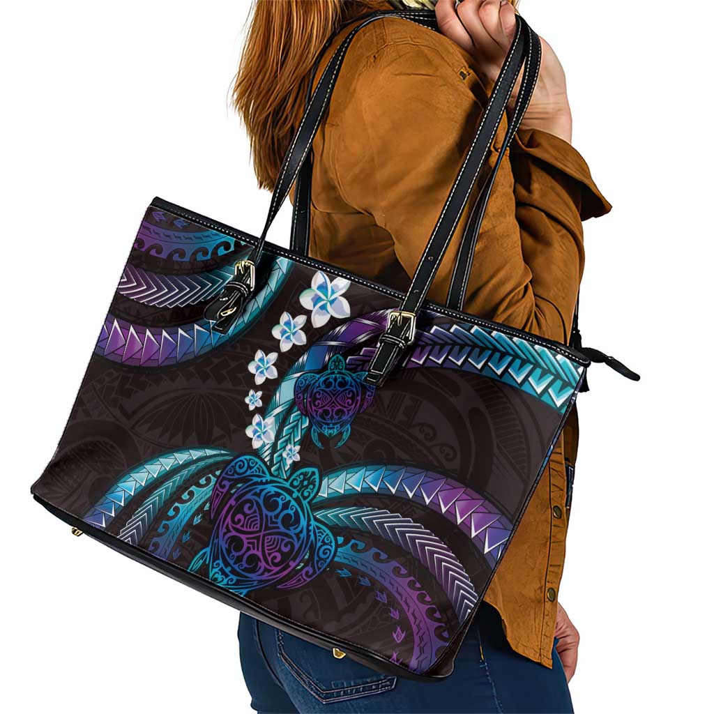 Hawaii Turtles Plumeria Leather Tote Bag Amethyst Gradient Polynesian Pattern LT01 - Polynesian Pride