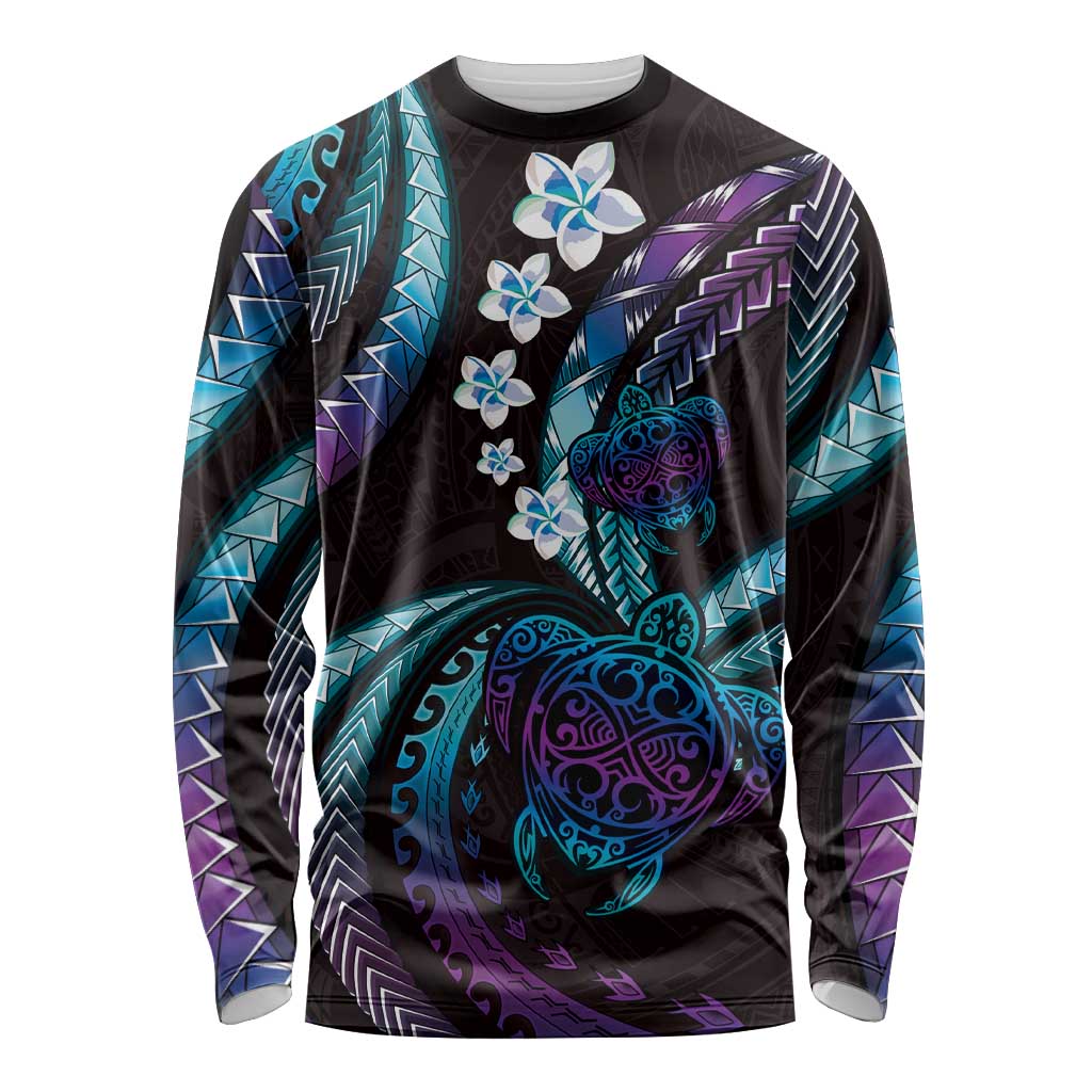 Hawaii Turtles Plumeria Long Sleeve Shirt Amethyst Gradient Polynesian Pattern LT01 Unisex Purple - Polynesian Pride