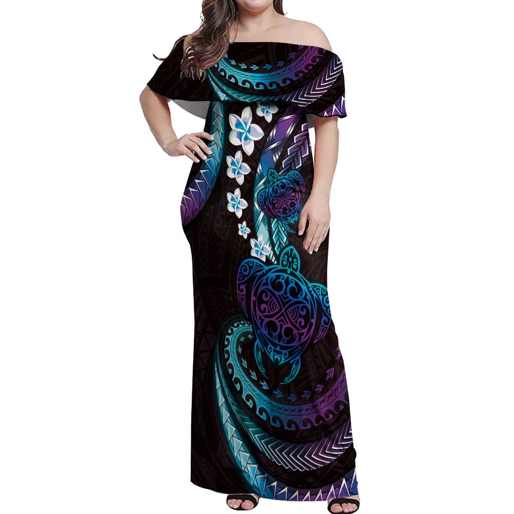Hawaii Turtles Plumeria Off Shoulder Maxi Dress Amethyst Gradient Polynesian Pattern LT01 Women Purple - Polynesian Pride