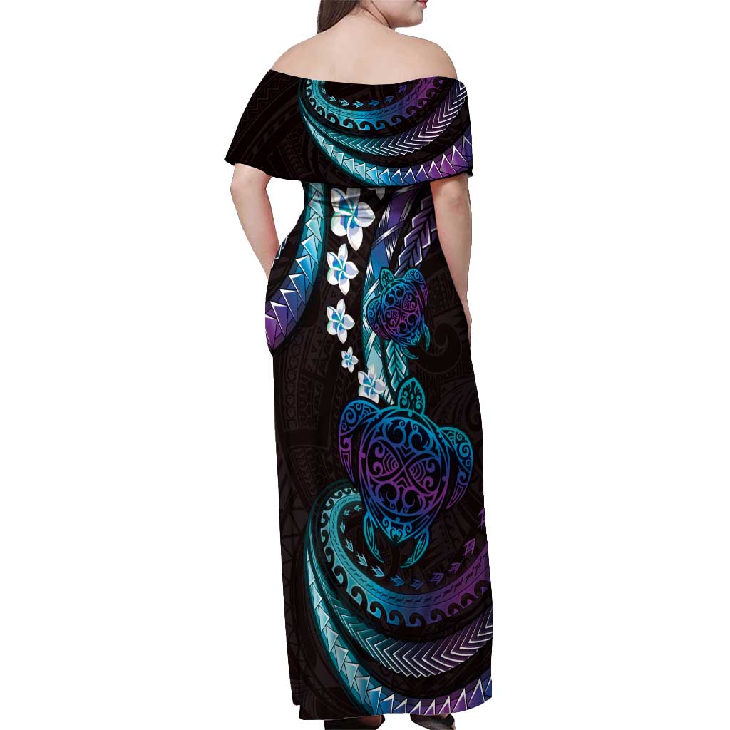 Hawaii Turtles Plumeria Off Shoulder Maxi Dress Amethyst Gradient Polynesian Pattern LT01 - Polynesian Pride