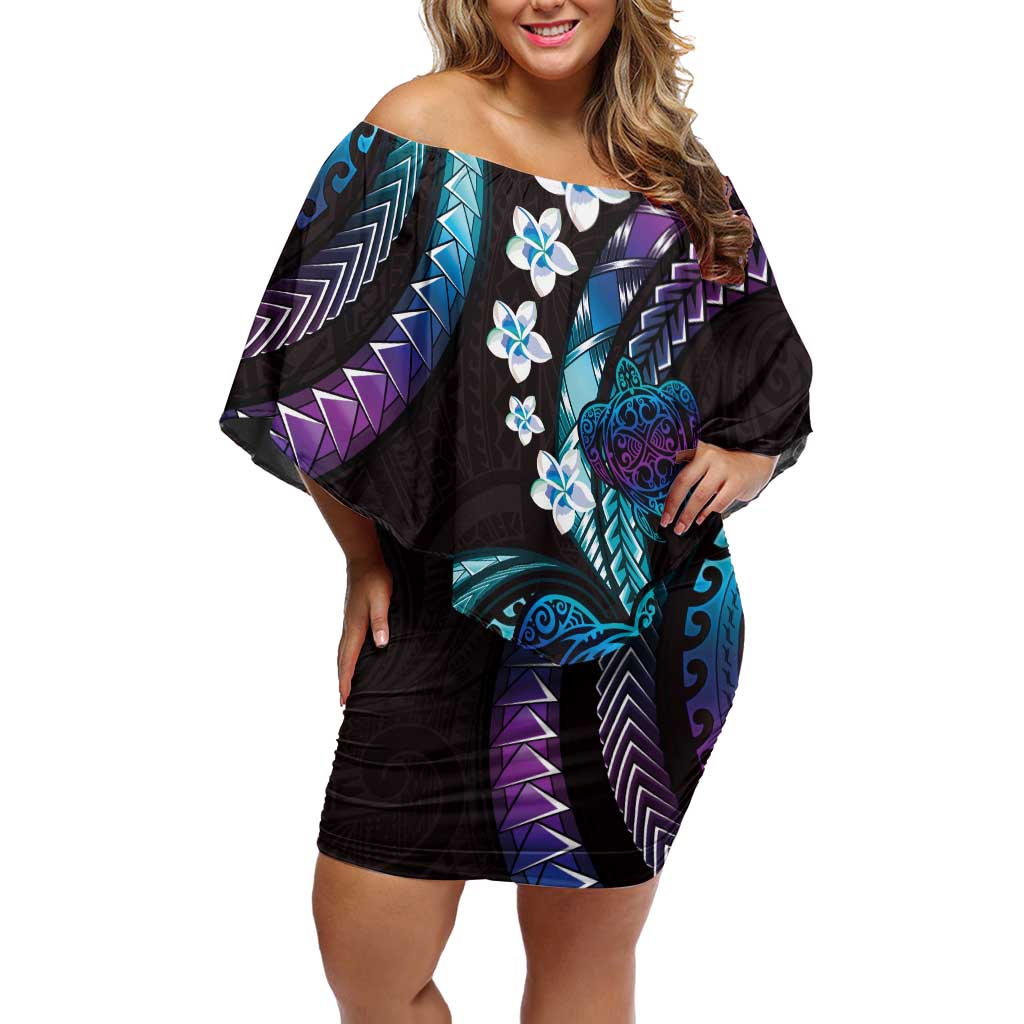 Hawaii Turtles Plumeria Off Shoulder Short Dress Amethyst Gradient Polynesian Pattern LT01 Women Purple - Polynesian Pride