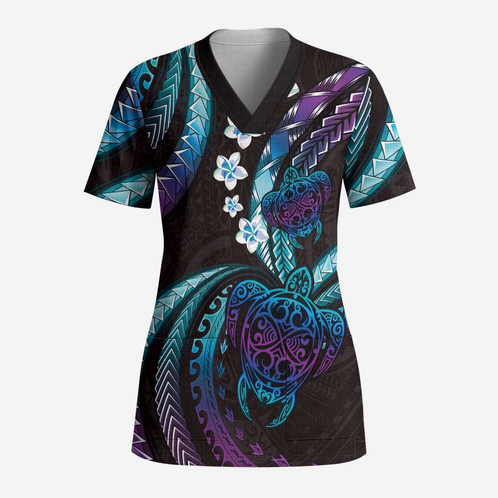 Hawaii Turtles Plumeria Scrub Top Amethyst Gradient Polynesian Pattern LT01 Adult Purple - Polynesian Pride