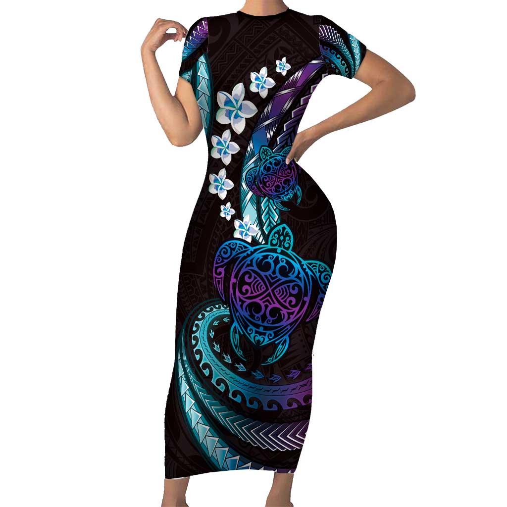 Hawaii Turtles Plumeria Short Sleeve Bodycon Dress Amethyst Gradient Polynesian Pattern LT01 Long Dress Purple - Polynesian Pride
