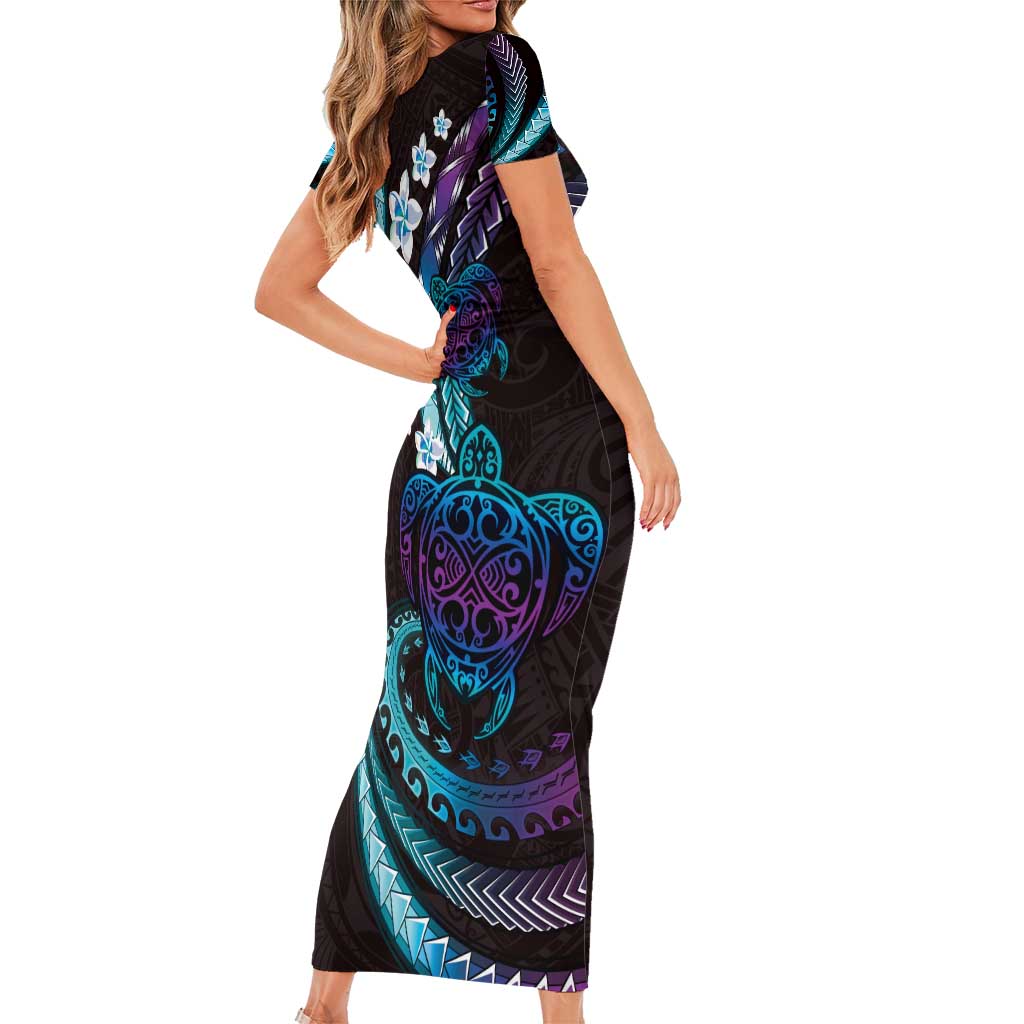 Hawaii Turtles Plumeria Short Sleeve Bodycon Dress Amethyst Gradient Polynesian Pattern LT01 - Polynesian Pride