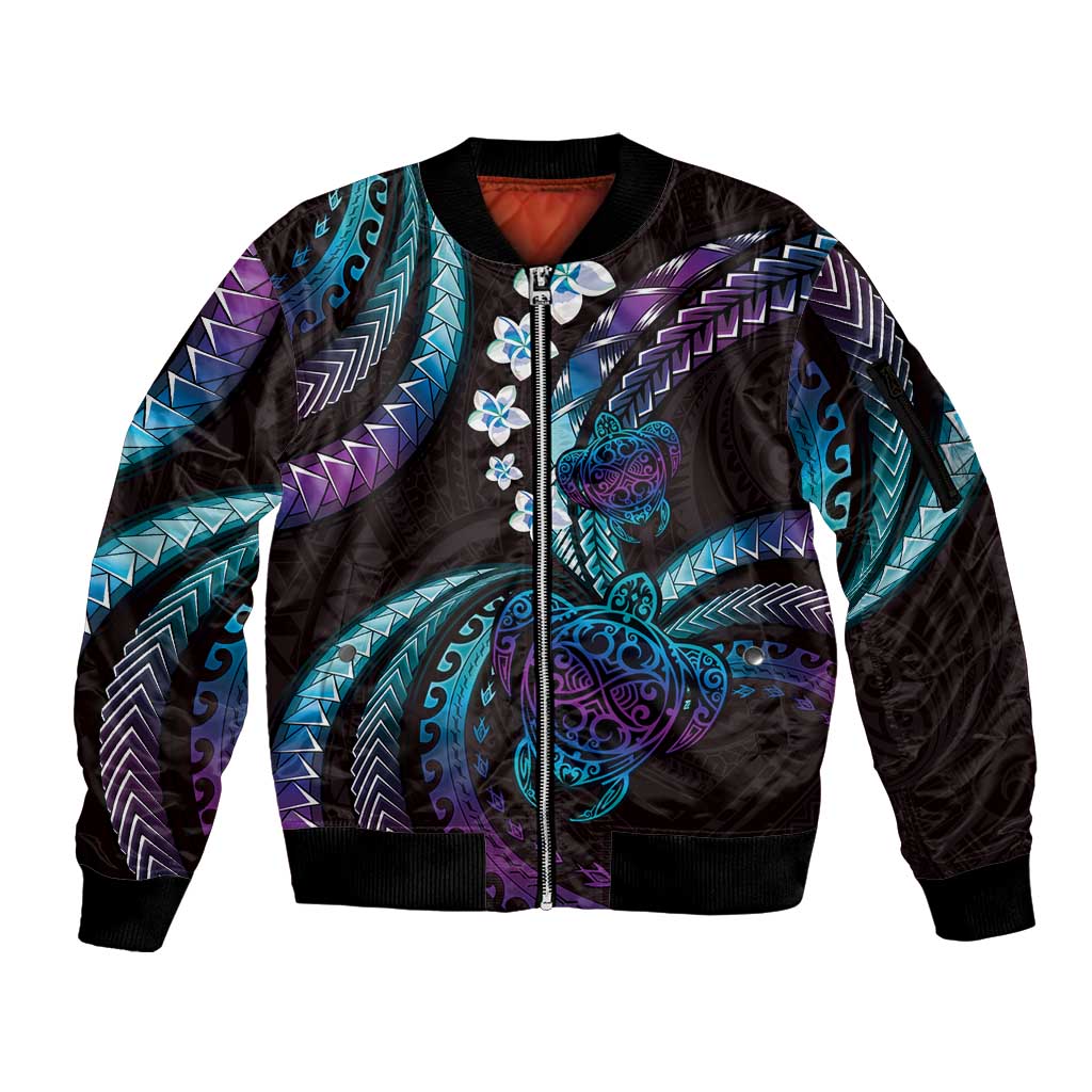 Hawaii Turtles Plumeria Sleeve Zip Bomber Jacket Amethyst Gradient Polynesian Pattern LT01 Unisex Purple - Polynesian Pride