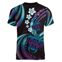 Hawaii Turtles Plumeria Women V-Neck T-Shirt Amethyst Gradient Polynesian Pattern LT01 - Polynesian Pride