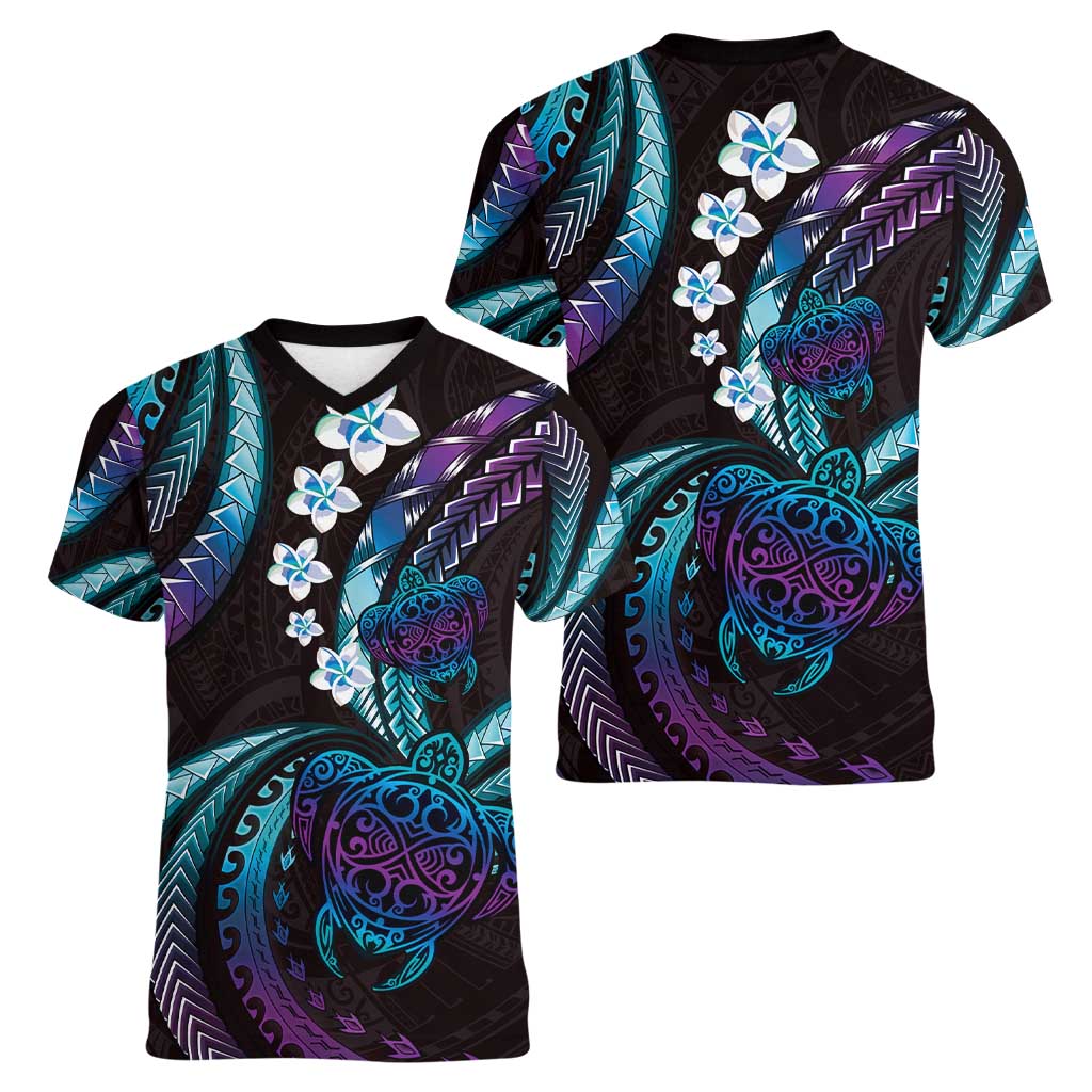 Hawaii Turtles Plumeria Women V-Neck T-Shirt Amethyst Gradient Polynesian Pattern LT01 - Polynesian Pride