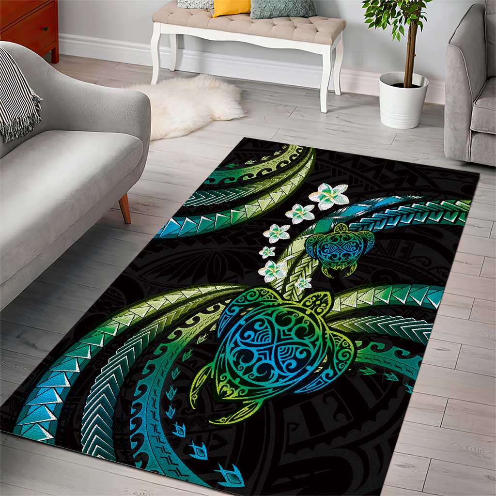Hawaii Turtles Plumeria Area Rug Chartreuse Cyan Polynesian Pattern LT01 - Polynesian Pride