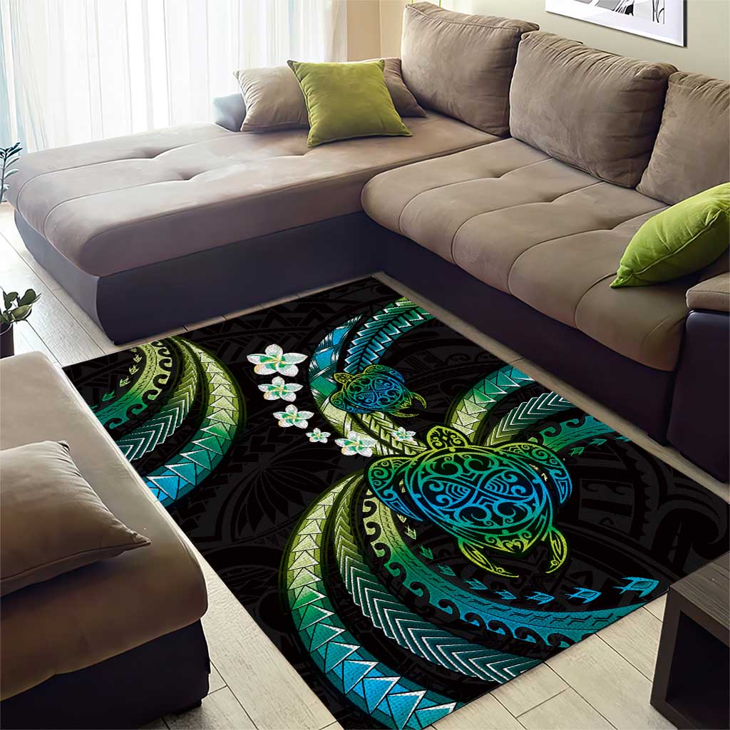 Hawaii Turtles Plumeria Area Rug Chartreuse Cyan Polynesian Pattern LT01 - Polynesian Pride