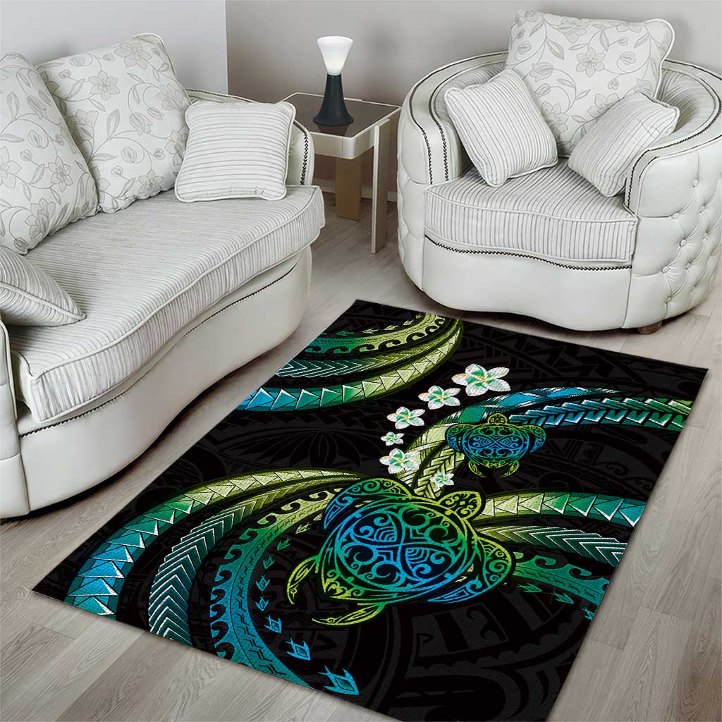 Hawaii Turtles Plumeria Area Rug Chartreuse Cyan Polynesian Pattern LT01 - Polynesian Pride
