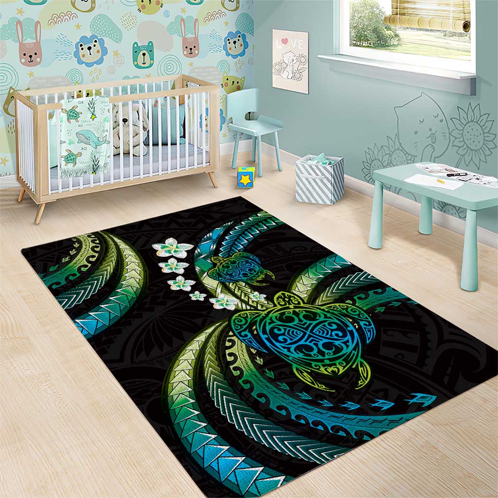 Hawaii Turtles Plumeria Area Rug Chartreuse Cyan Polynesian Pattern LT01 - Polynesian Pride