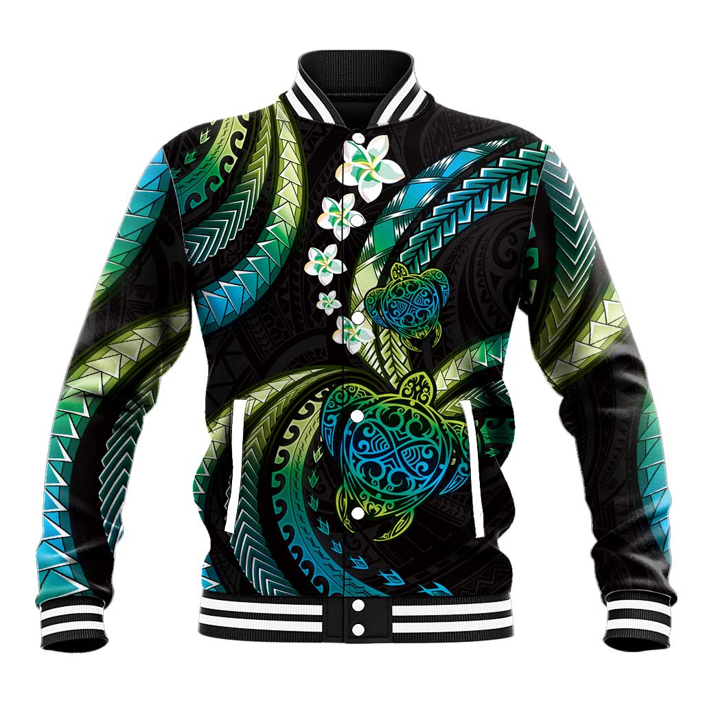 Hawaii Turtles Plumeria Baseball Jacket Chartreuse Cyan Polynesian Pattern LT01 Unisex Cyan - Polynesian Pride