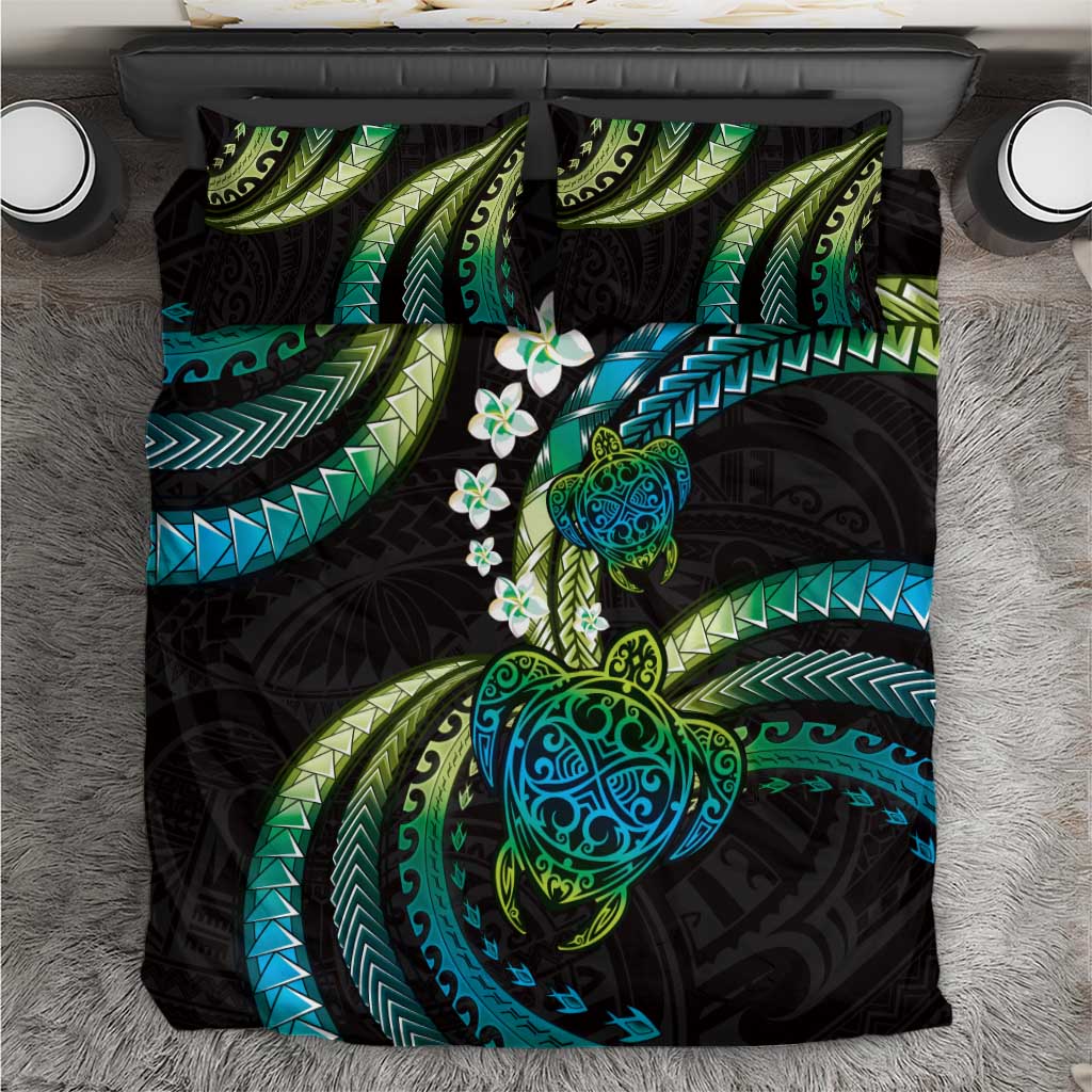 Hawaii Turtles Plumeria Bedding Set Chartreuse Cyan Polynesian Pattern LT01 Cyan - Polynesian Pride