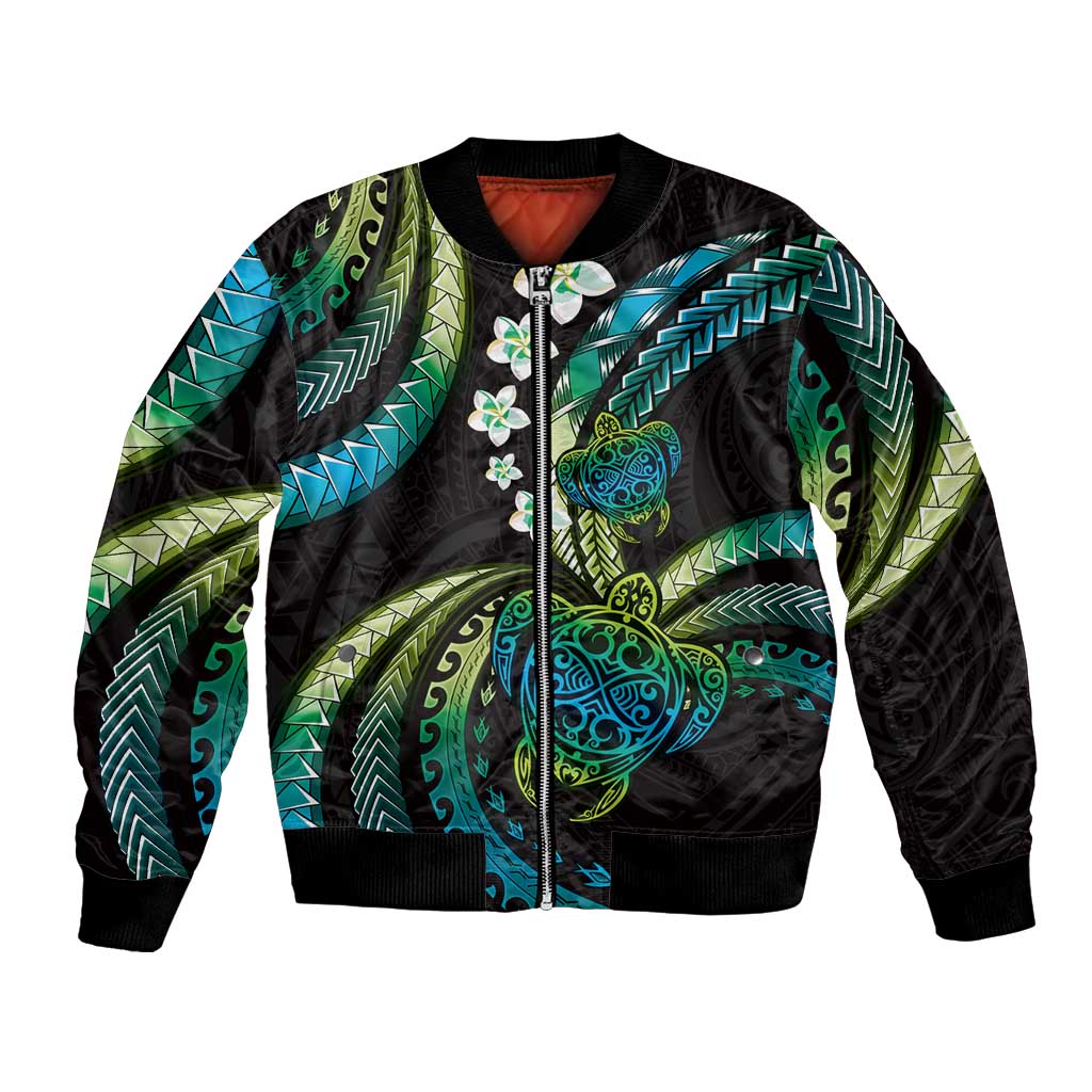 Hawaii Turtles Plumeria Bomber Jacket Chartreuse Cyan Polynesian Pattern LT01 Unisex Cyan - Polynesian Pride